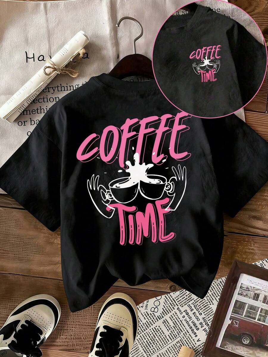 EMERY ROSE 大码女式宽松圆领短袖T恤，休闲上衣，前后片印有卡通图案，舒适百搭，可机洗，四季皆宜的简约女装 - 黑色 - 查看 1