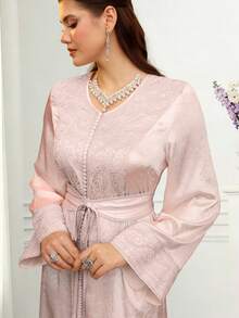 Elegant Luxurious Embroidered V-Neck Flare Sleeve Dress, Fashionable For Spring/Summer - Pink - View 4
