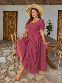 Breezaya Plus Size Women's Woven Regular Spring/Summer Vacation Short Sleeve Square Neck Yellow Cinched Waist Dress - Watermelon Pink - View 6