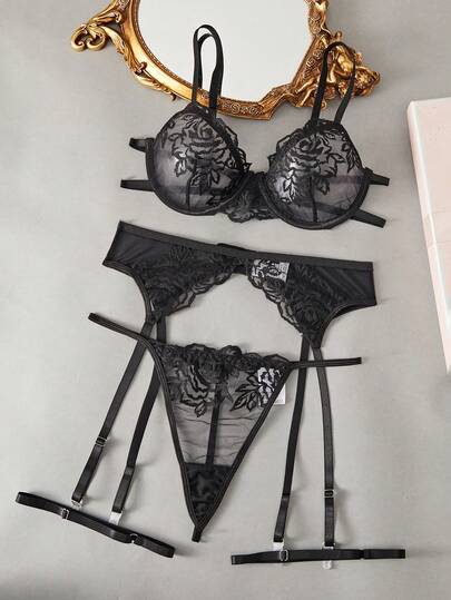 Ladies' Solid Color Embroidered Bra And Thong Set With Garter Belt, Sexy Lingerie For Going Out