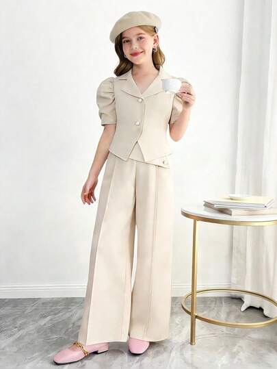 SHEIN Bộ áo khoác và quần cho bé gái tuổi teen, đính cúc ngọc trai, áo cardigan cổ ve lật.