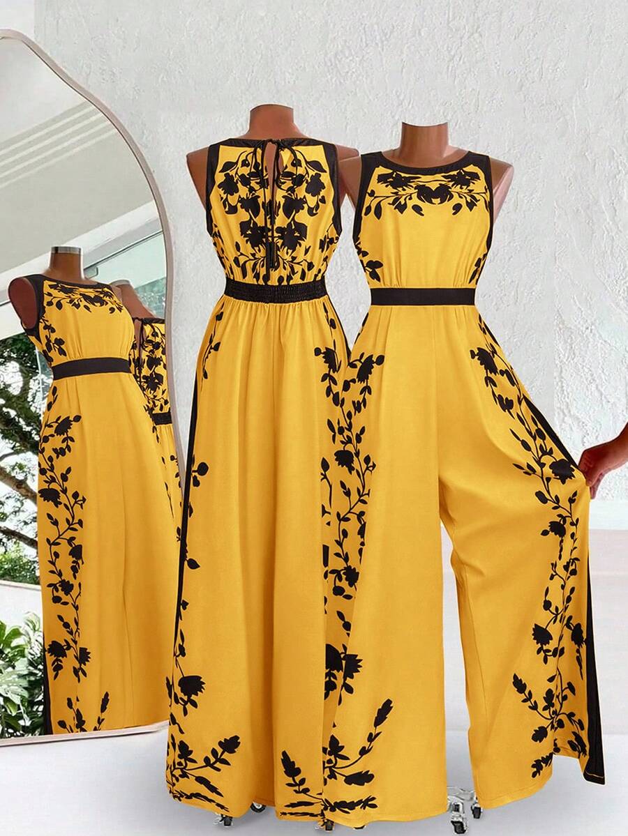 SHEIN Clasi Women's Elegant Backless Jumpsuit, Loose Fit Colorblock Printed Vacation Romper - Yellow - View 1