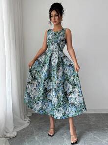 Vestido elegante de longitud media con cuello redondo sin mangas, plisado y estampado floral jacquard para mujer - Multicolor 3 - Ver 4