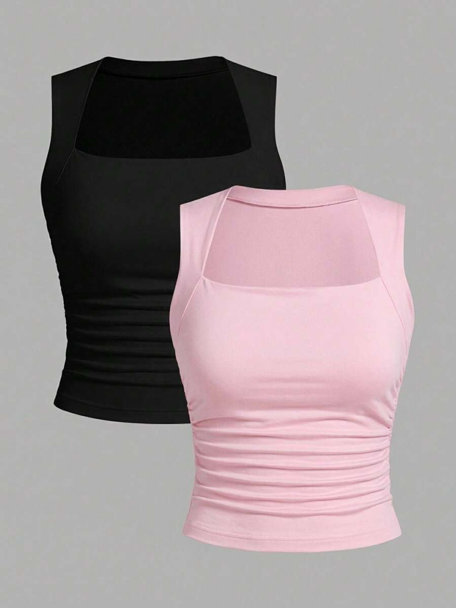 SHEIN EZwear 2pcs/Set Ribbed Removable Padded Camisole For Women,Summer Top - Multicolor - View 1