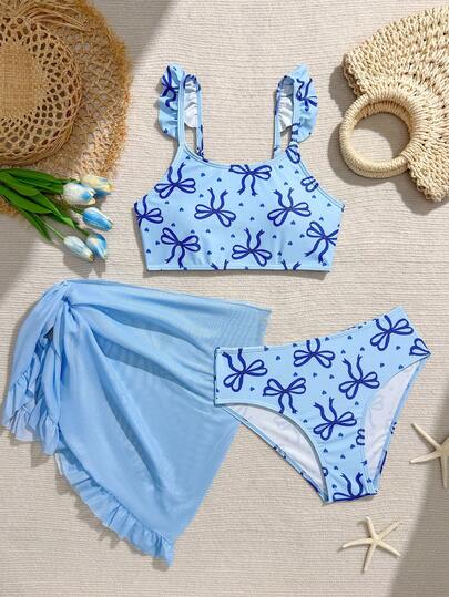 SHEIN Tween Girls Cute Knit Bow Solid Color Ruffled Pink Mesh Fabric Knit Fabric Triangle Bikini Set, Fashionable Casual Elegant Suitable For Swimming, Vacation, Summer