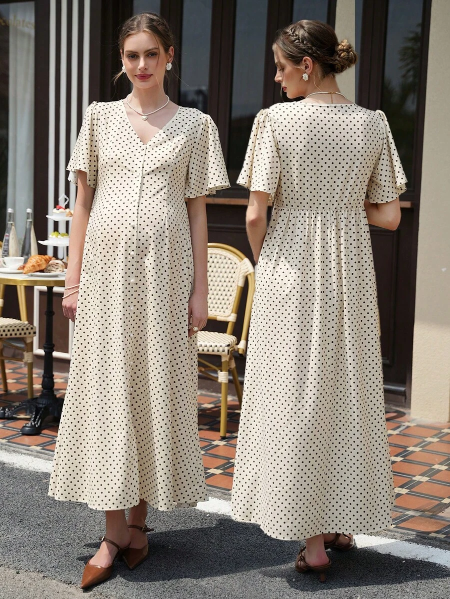 Momance 印花棕色波點開衩洋裝,荷葉袖,休閒孕婦優雅夏季女款長洋裝,保守野餐復古 Bubu 洋裝 - 彩色 - 查看 1