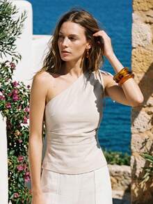 CielaLinda Áo sơ mi nữ màu mơ bằng vải lanh, kiểu dáng bất đối xứng vai, thích hợp mặc hàng ngày đi làm. - Màu be - Xem 3