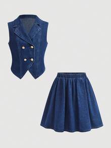 Firerie Kids Tween Girl Lapel NeckDouble-Breasted Denim Vest And Denim Mini Skirt Casual Set - Dark Wash - View 6