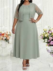 SHEIN Lady 大码夏季优雅撞色蕾丝无袖连衣裙和外套两件套 - 綠色 - 查看 1