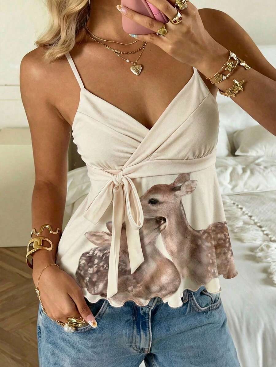 CovetEZ 女士春夏新品 - 甜美杏色小鹿印花可爱少女侧系荷叶边吊带背心 - 彩色 - 查看 1