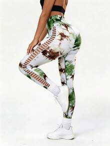 High Performance Tie Dye Leggings With Lace - For Yoga And Workout - Green - View 1