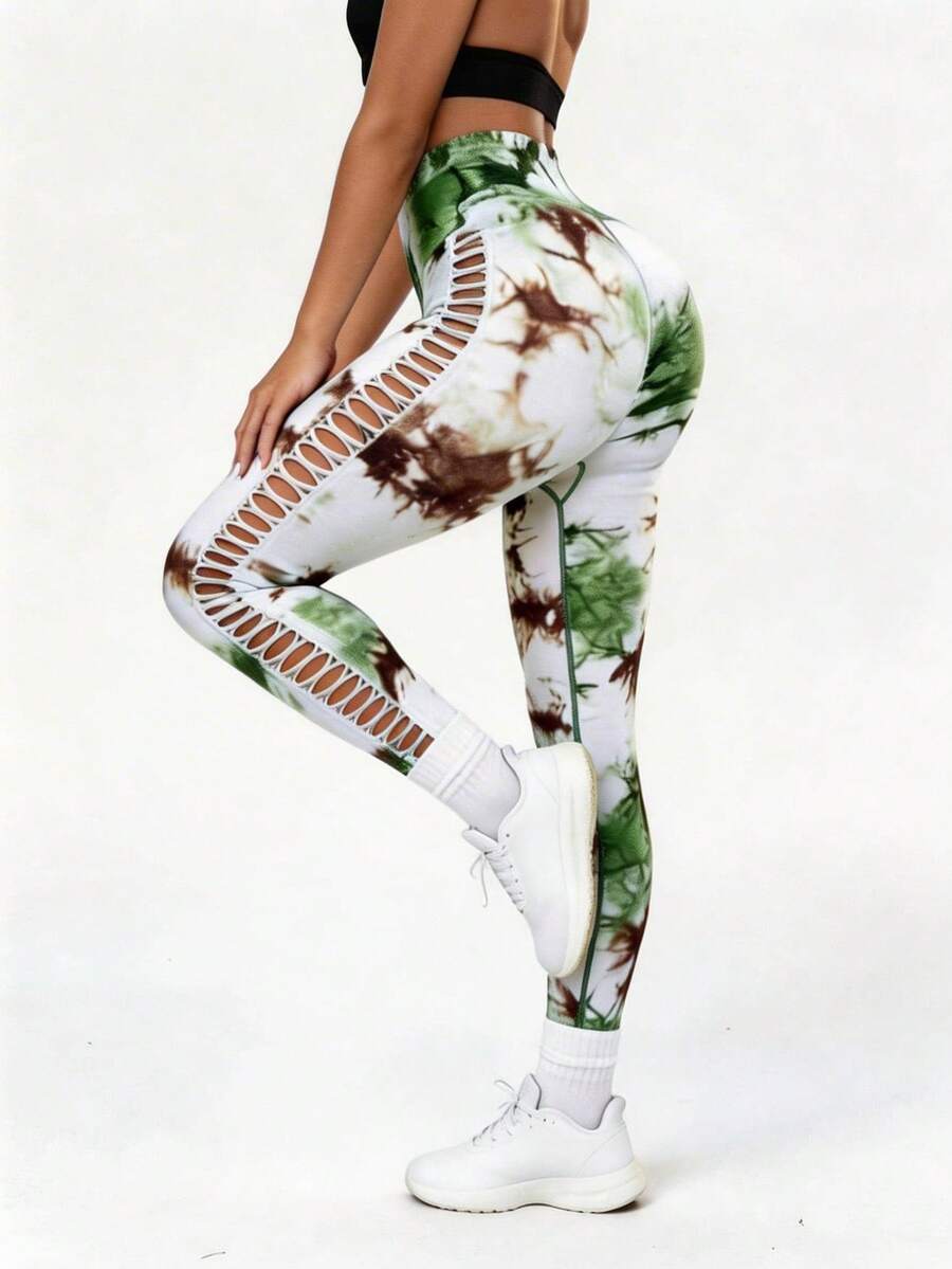 High Performance Tie Dye Leggings With Lace - For Yoga And Workout - Green - View 1