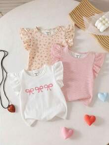 SHEIN Playful Pals 3件套彩色蝴蝶结、花朵、条纹荷叶边下摆圆领套头T恤，柔软舒适，休闲可爱，春夏新品 - 彩色 - 查看 8