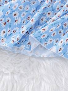 SHEIN 女童碎花蝴蝶结装饰短袖连衣裙 - 淺藍色 - 查看 8