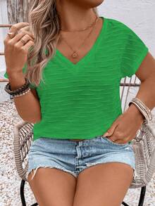 EMERY ROSE Women's Spring/Summer Casual V-Neck Short Sleeve Wavy Jacquard Textured Knit Plus Size T-Shirt - Green - View 3