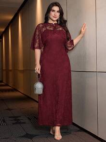Modelyn Designer Plus Size Elegant Burgundy Long Lace Dress With Cloak Sleeves And Stand Collar - Burgundy - View 1