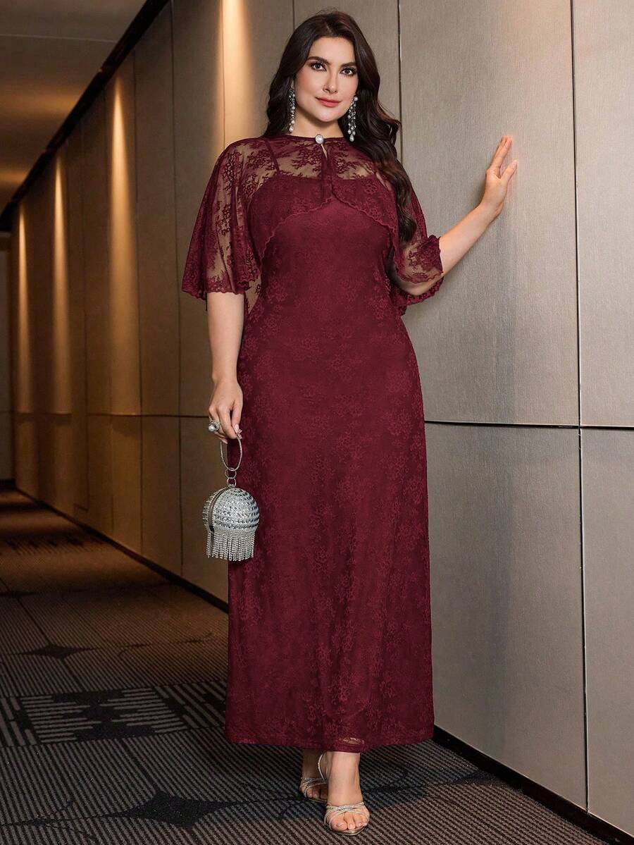 Modelyn Designer Plus Size Elegant Burgundy Long Lace Dress With Cloak Sleeves And Stand Collar - Burgundy - View 1