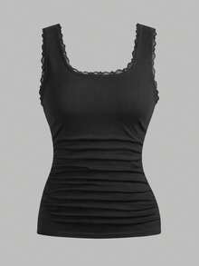 Girlism 2pcs Teen Girls' Black & White Lace Trim Casual Crew Neck Ruched Camisole Tank Top Set, Suitable For Daily Casual, Versatile, Home Wear - Black and White - View 6