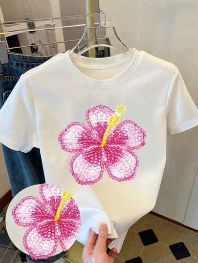 adolecent Girl) T-shirt décontracté ajusté court, imprimé floral confortable et polyvalent, convient aux filles, aux adolescentes, au printemps, à l'été, à l'automne et à l'hiver