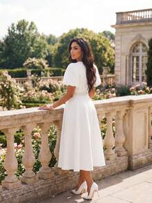 SHEIN Lady 女士优雅纯色泡泡袖连衣裙春夏优雅长袖 A 字裙主教袖白色婚礼情人节酒会大码连衣裙服装舞会礼服秋季女士连衣裙节日连衣裙白色连衣裙希腊女神裙白色毕业礼服 - 白色 - 查看 3