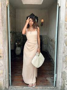 Serisse Women's Elegant Solid Color Textured Split Dress, Summer,Summer Dresses For Women - Apricot - View 1