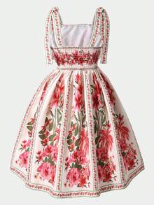 SHEIN Irls 印花吊带连衣裙，肩部饰有蝴蝶结，百搭休闲，适合度假和春夏穿着。 - 白色 - 查看 2