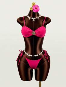 Zestiva Bộ bikini nữ gợi cảm và thanh lịch, chất liệu vải khoét rỗng phối kim loại, size 26SS, kiểu dáng cổ chữ V sâu, thích hợp cho các hoạt động ngoài trời, đi biển hoặc tiệc tùng. - Màu Hồng Tươi - Xem 6