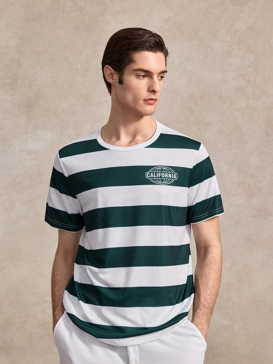 Courvante 男士撞色条纹圆领短袖T恤 - 綠色 - 查看 1