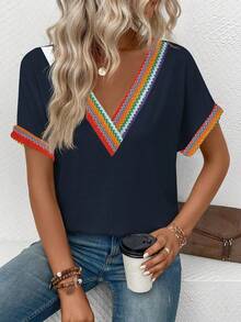 EMERY ROSE Women's Spring/Summer New Contrast Color Retro Printed V-Neck Short Sleeve Cuffed Casual Versatile T-Shirt - Multicolor - View 3