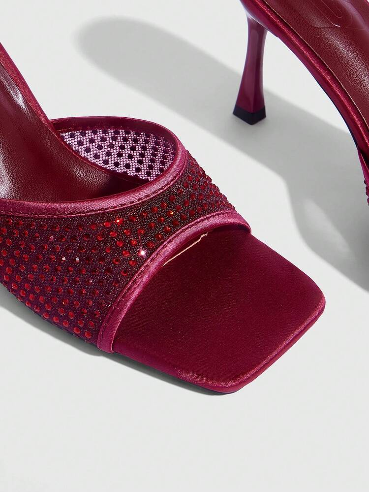 CUCCOO SZL Women's Shoes Fashion Versatile Burgundy Mesh Hot Diamond High Heel Sandals