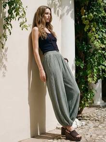 CielaLinda Women Jogger Pants Joggers Solid Color Pants Ruched Pants - Army Green - View 5