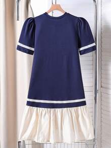 SHEIN Teen Girl Cute & Lively Round Neck Petal Sleeve Contrast Color Ruffle Hem Dress, Suitable For Outings And Gatherings, Does Not Include Chain Bag - Navy Blue - View 2