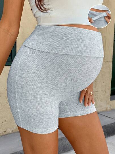 SHEIN 孕妇舒适可调节腰围纯色短裤