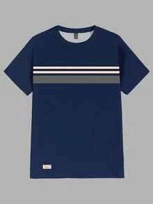 Azurnel Men's Casual Everyday Commute Colorblock Striped Print Short Sleeve T-Shirt, Summer - Navy Blue - View 2