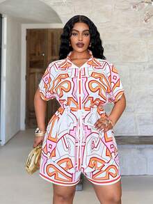 Veslaya Plus Size Women's White Summer Boho Vacation Holiday Floral Print Short Sleeve Shirt And Elastic Waist Shorts 2 Pieces Set,Chic Streetwear Outfits - Multicolor - View 4