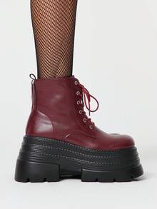 ROMWE Goth Women Heeled Sandals 2026 New Autumn And Winter Punk Style Burgundy PU Round Toe Boots Thick-Soled Small Riding Boots Versatile Muffin Ankle Boots - Burgundy - View 4