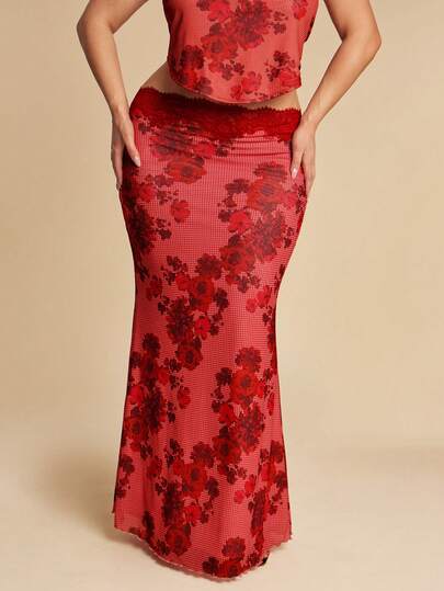 SHEIN BAE 大码女式红色蕾丝印花蕾丝拼接高腰鱼尾长裙