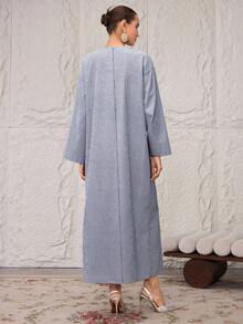 SHEIN Najma Đầm dài tay kiểu Ả Rập dành cho nữ, in họa tiết sọc, cổ chữ V, phối ren. - Màu xanh hải quân - Xem 4