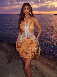 SHEIN Allurite Women's Halter Neck Sequin Tassel Design Party Mini Dress - Orange - View 5