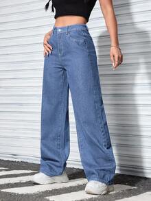 SHEIN ICON Quần jeans nữ cỡ lớn, màu trơn, túi xéo, kiểu dáng thường ngày, thu đông. - Màu xanh lam - Xem 5