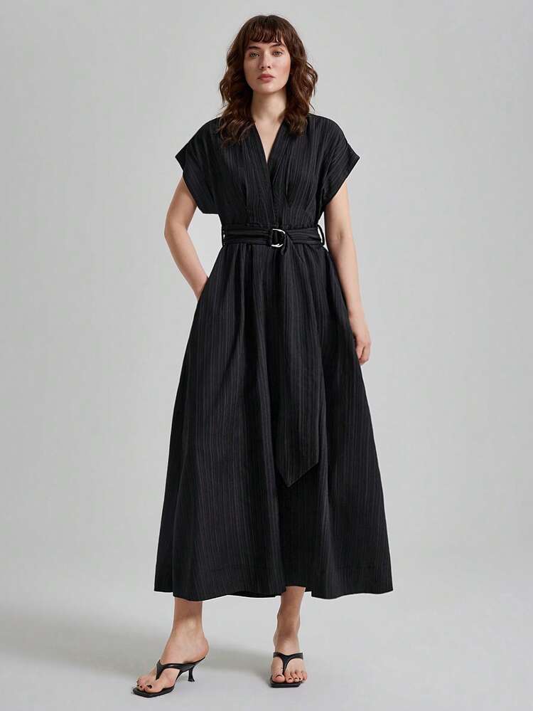 Black Dress Women's Solid Color Overlap V-Neck Batwing Sleeve Casual Dress All-Season Versatile Modern Urban Fashion Business Casual Women's Wear Office Attire Understated Old-Money Style, Elegant And Sophisticated, High-Quality Commuter And Airport Women's Wear Bohemian Style Vacation Outfits,Boho,Seaside Women's Clothing, Country Music Concert Style, Western Style Clothing, Nomadic Casual Fashion