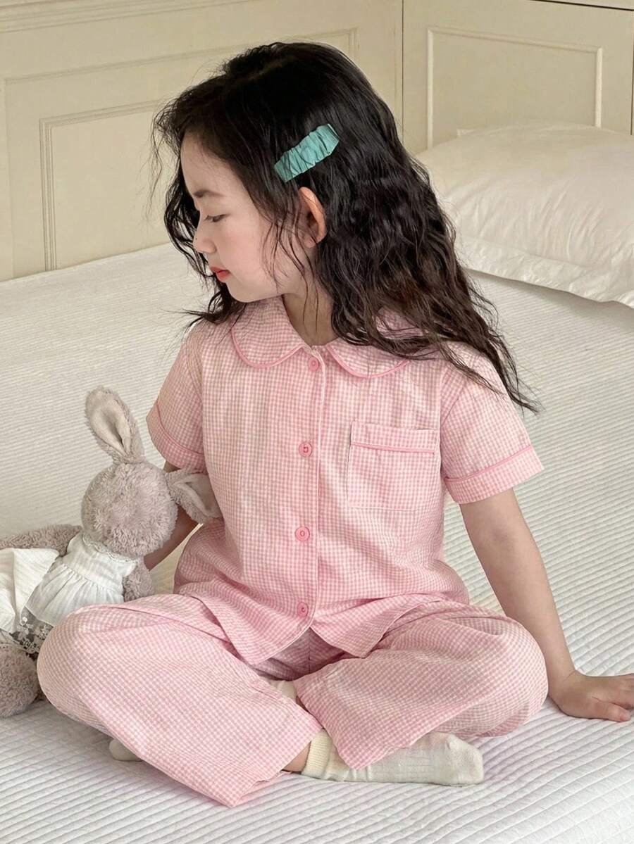 DAZY 女童格子单排扣短袖上衣和裤子休闲家居服睡衣套装 夏季 - 淺粉色 - 查看 1