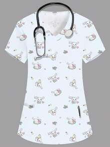 PopScrub Women's White Summer Scrub Top,Cute Rabbit Cartoon Print V-Neck Short Sleeve Nurse Doctor Uniform,Maid School Work Veterinary Grooming Lab Coat - White - View 1