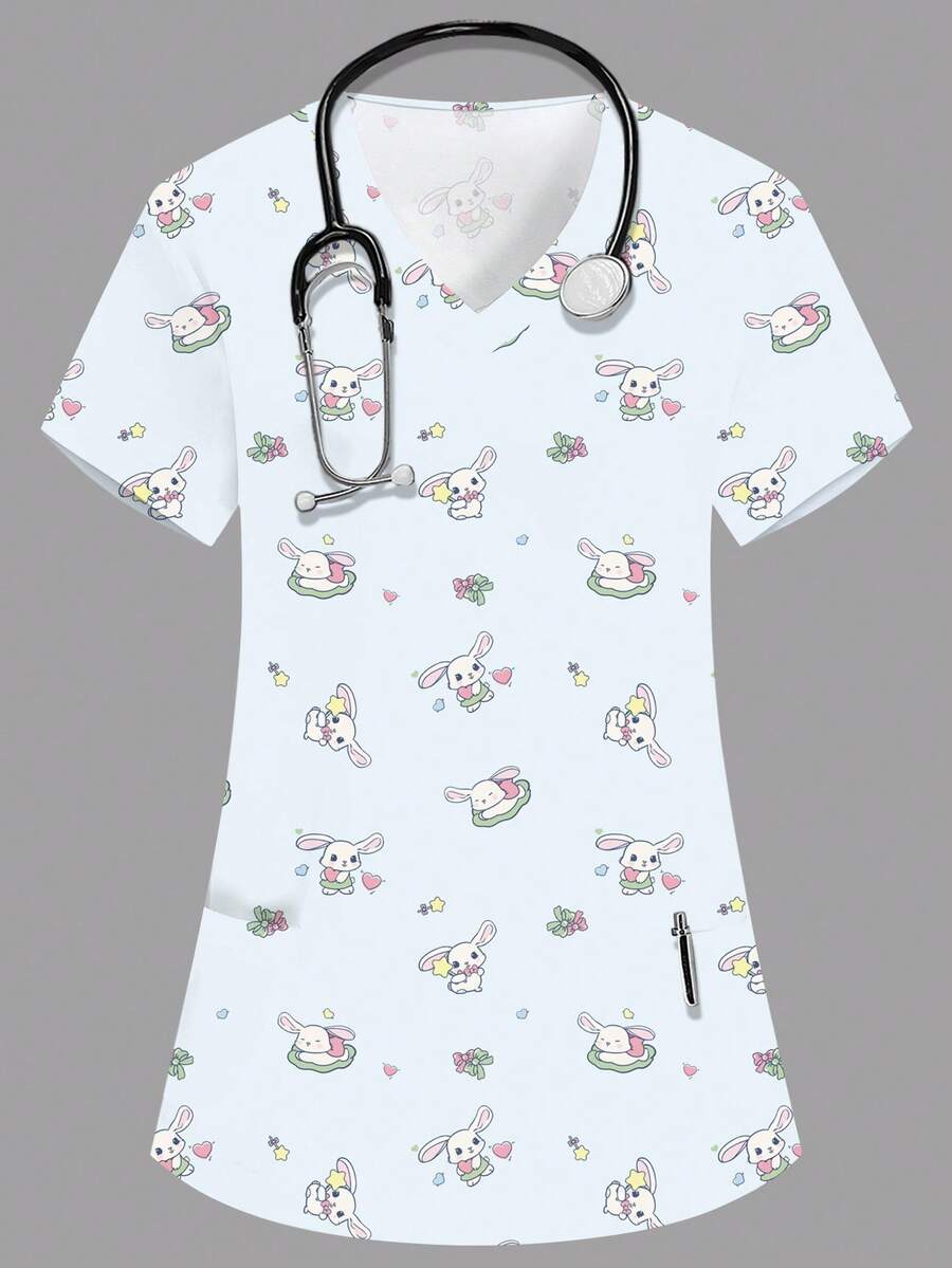 PopScrub Women's White Summer Scrub Top,Cute Rabbit Cartoon Print V-Neck Short Sleeve Nurse Doctor Uniform,Maid School Work Veterinary Grooming Lab Coat - White - View 1
