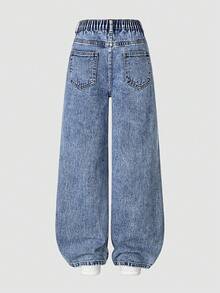 Jeans rectos de mezclilla azul desgastada con diseño minimalista, versátil y cómodo para niñas preadolescentes - Azul - Ver 2