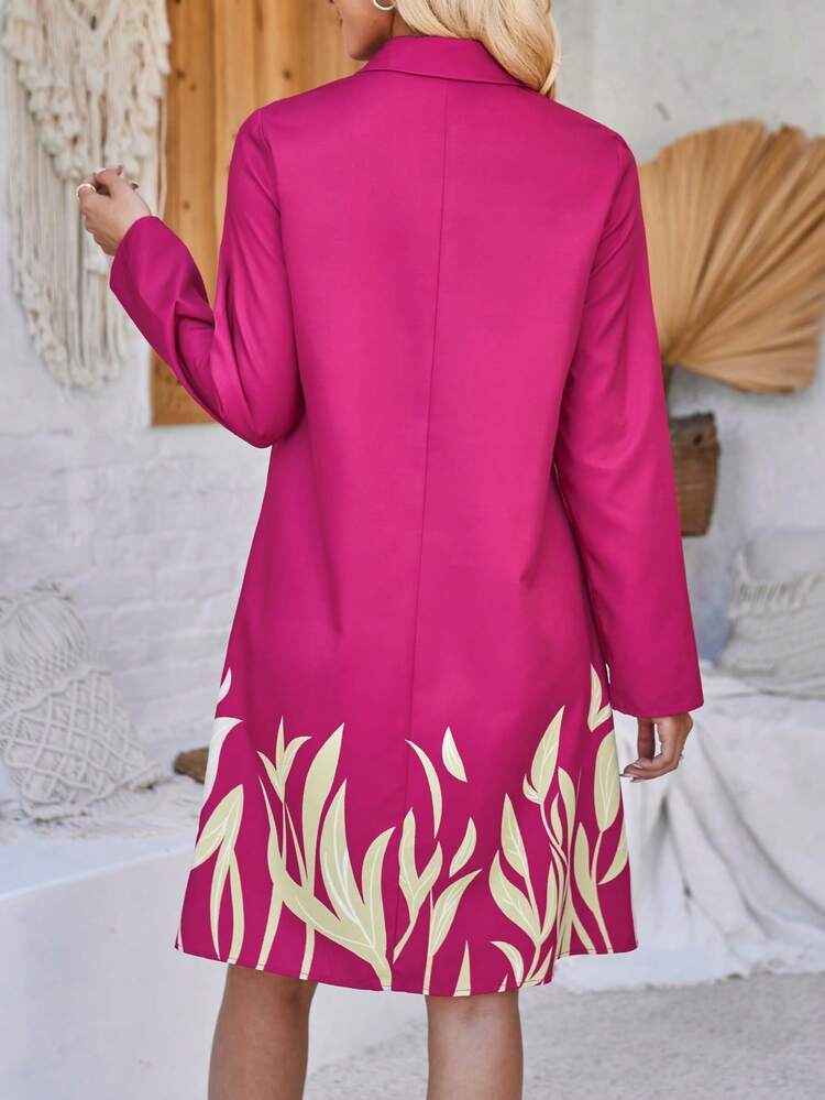 Women Holiday Casual Plant Print Roll Sleeve Dress