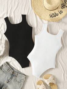 SHEIN Bộ 2 món đồ liền thân dệt kim không tay cổ chữ U dáng ôm cơ thể dành cho bé gái tuổi teen, màu đen và trắng. - Đen và trắng - Xem 3