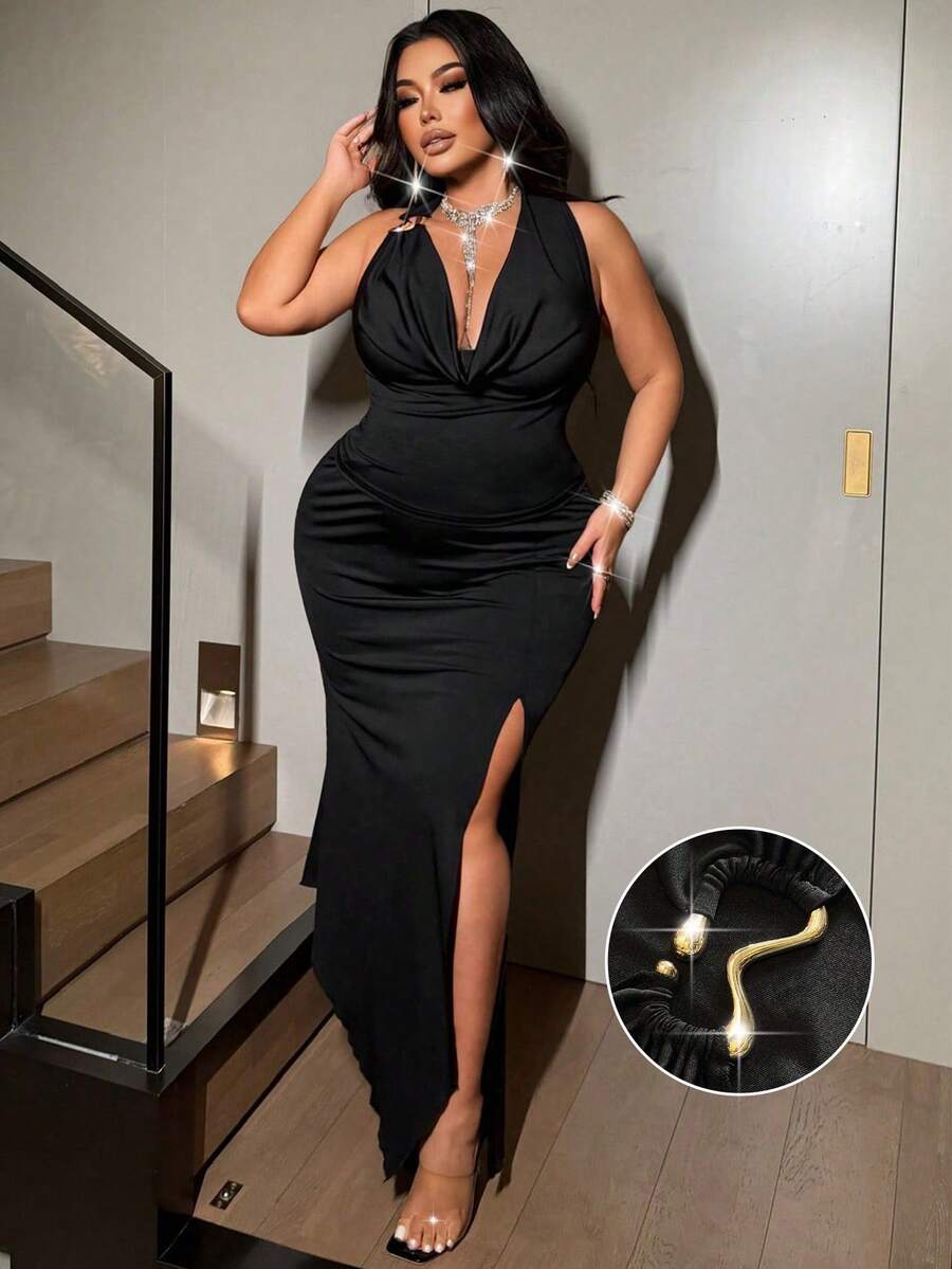 NU&NOW Plus Size Women's Summer Black Elegant Formal Evening 2 Pieces Set Shiny Backless Deep V-Neck Sleeveless Crop Top,Slit Asymmetric Hem Maxi Skirt Gown - Black - View 1