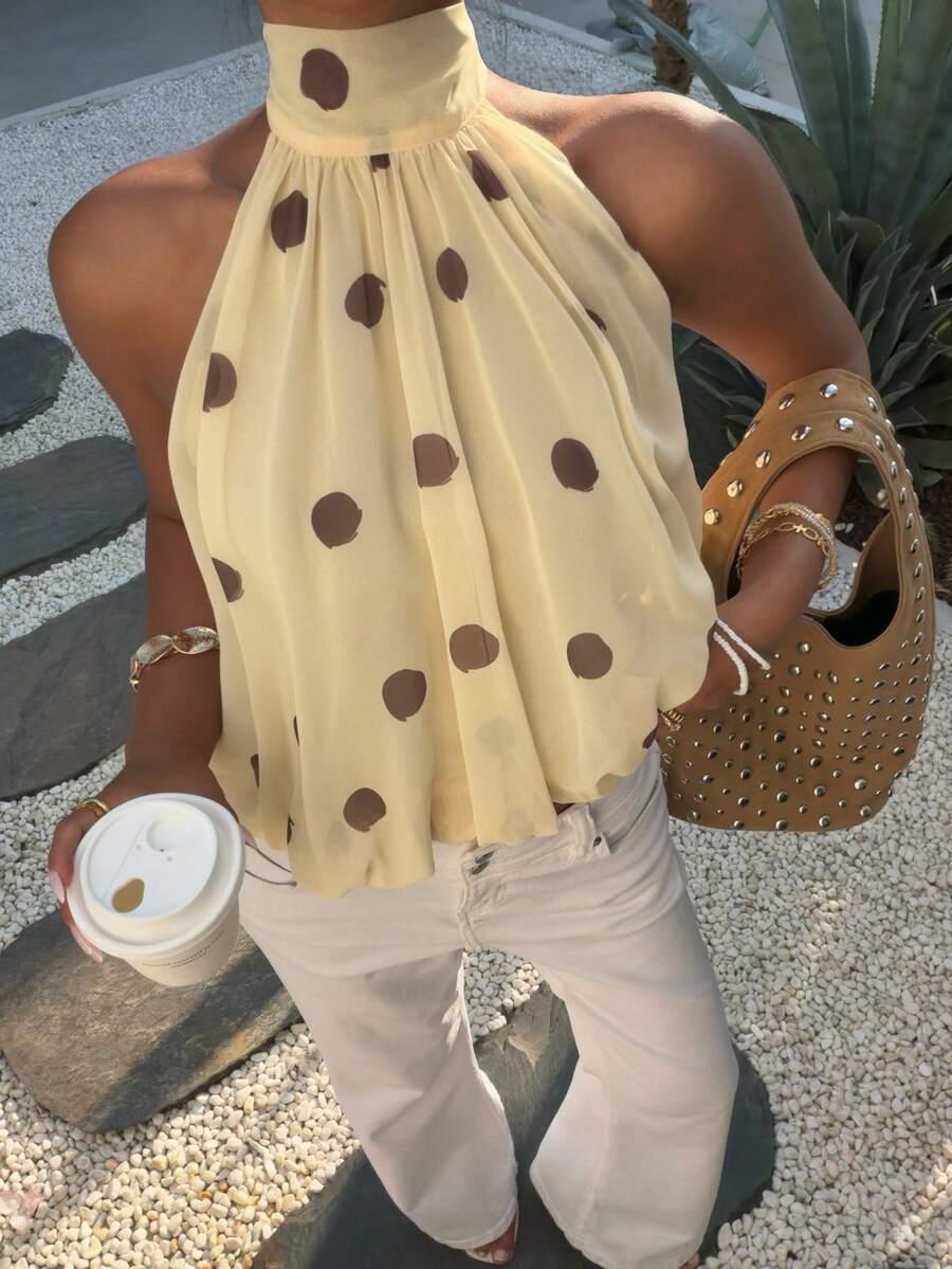 Aloruh Áo hai dây họa tiết chấm bi dáng casual dành cho nữ, thích hợp cho mùa hè. - Màu be - Xem 1