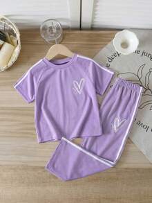 Genkimix Kids 2件套女童夏季丝带装饰爱心印花套装，休闲时尚圆领短袖T恤+松紧腰纯色直筒裤 - 粉色 - 查看 6